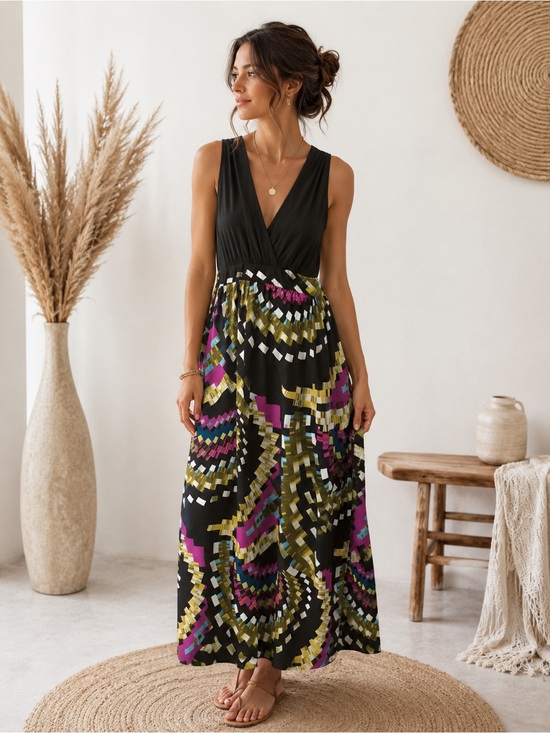 London Times Dresses & Skirts - London Times Black Maxi Dress with Olive and Magenta Geometric Print